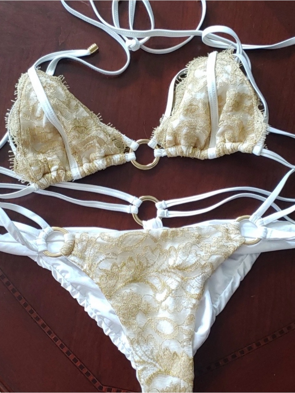 🐠🐚☀️Beach Bunny Gunmetal Bikini - Gold Lace with Ring Accents ☀️🐚🐠